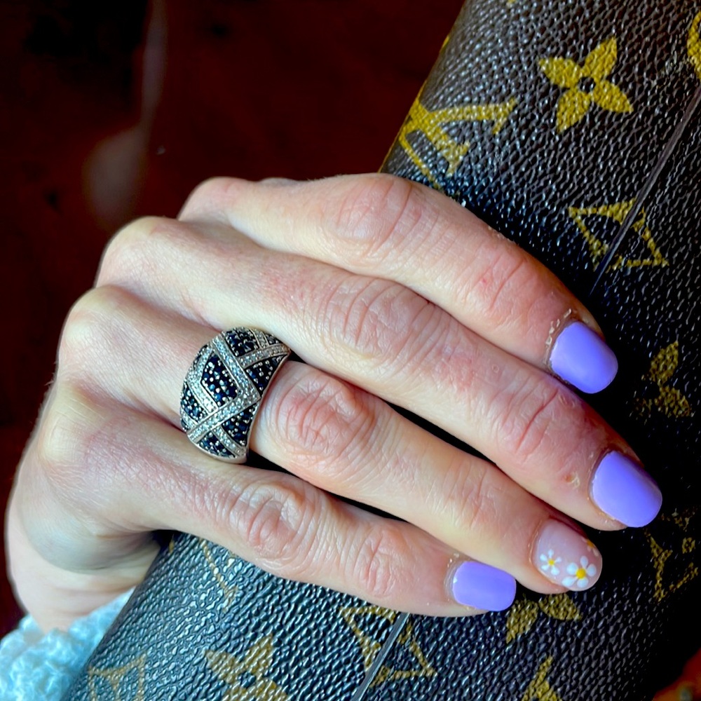 Estate Stunning Sterling silver black and diamond marcasite ring